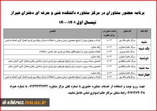 برنامه حضور مشاوران در مرکز مشاوره دانشکده فنی و حرفه ای دختران شیراز (نیمسال اول 1400-1401 )